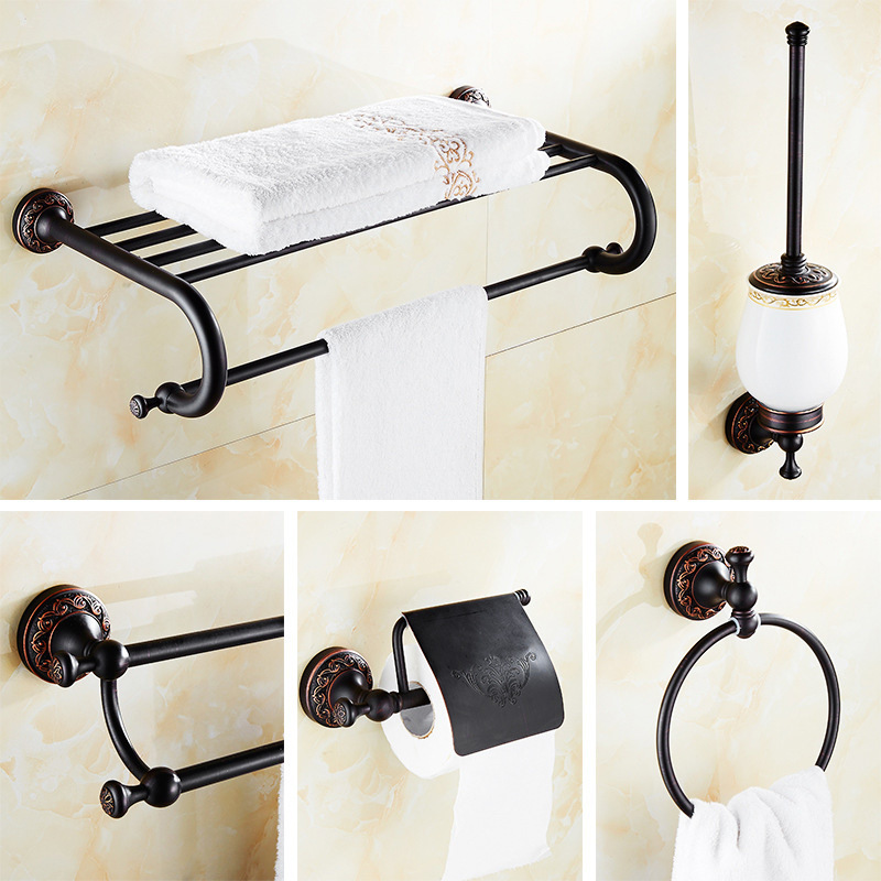 Massief Messing Zwart goud Badkamer Accessoires Set, Robe haak, Papierhouder, Handdoekstang, Zeepmand, badkamer Fitting Sets