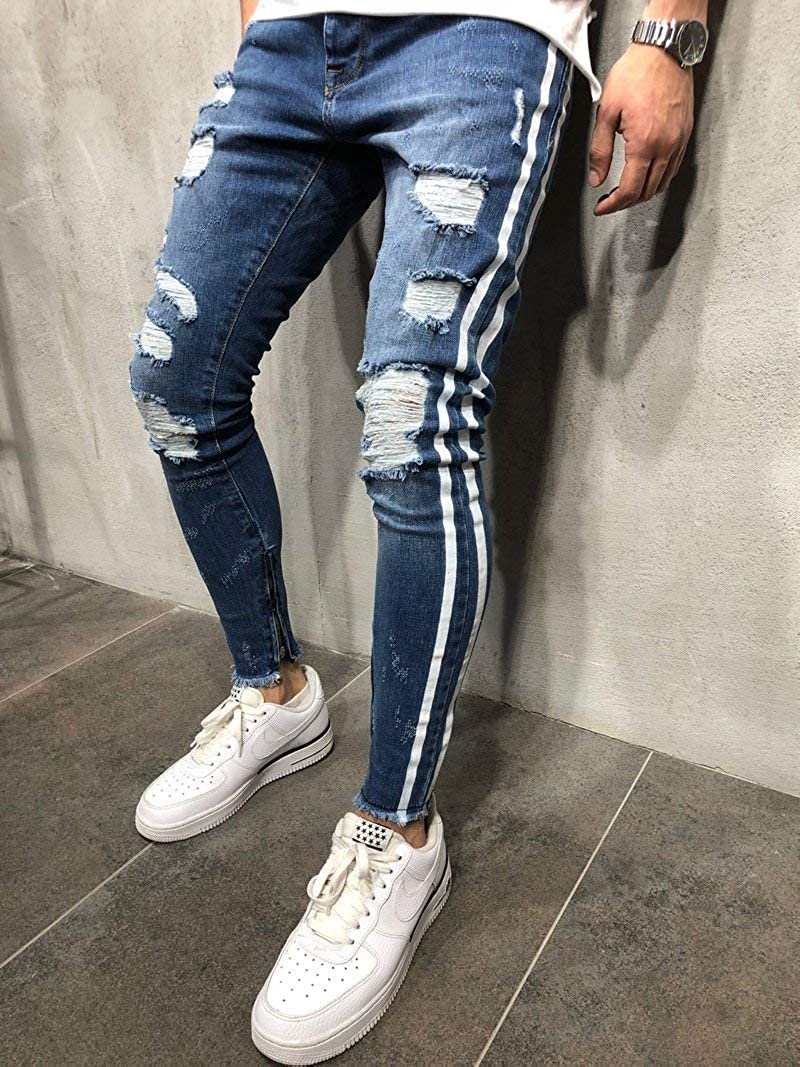 Jeans Men Ripped striped Skinny Jeans Blue Pencil Pants Motorcycle Party Casual Trousers Street Clothing 2022 Denim Man Clothin: Dark blue / XXL