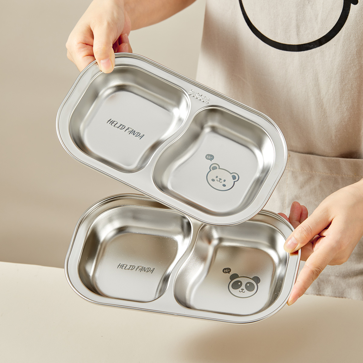 WORTHBUY Stackable 304 Stainless Steel Dinner Plate Kid Divided Dining Plate Cute Snack Tray With Compartments Kitchen Tableware