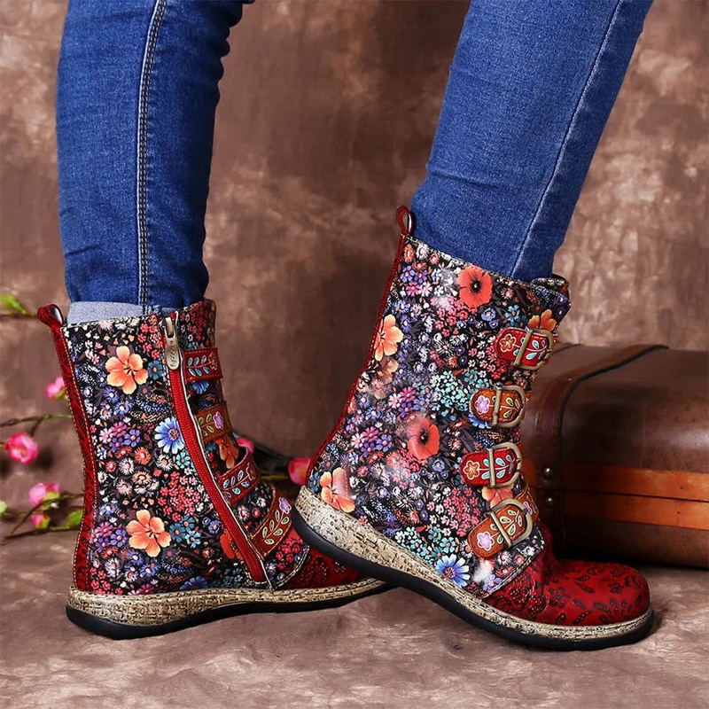 Støvler kvinde sko western cowboy stil europa og smukke retro små damer blomsterstøvler