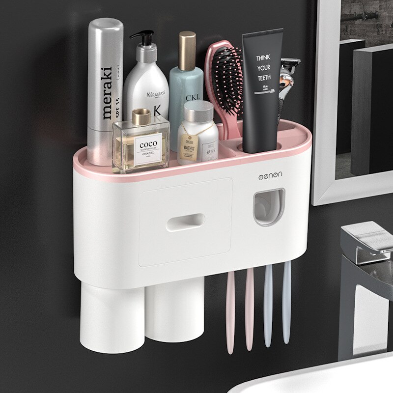 Magnetic Adsorption Toothbrush Holder Automatic Toothpaste Squeezer Home Storage Shelves Wall-mounted Bathroom Accessories Set: 2 Cups Pink