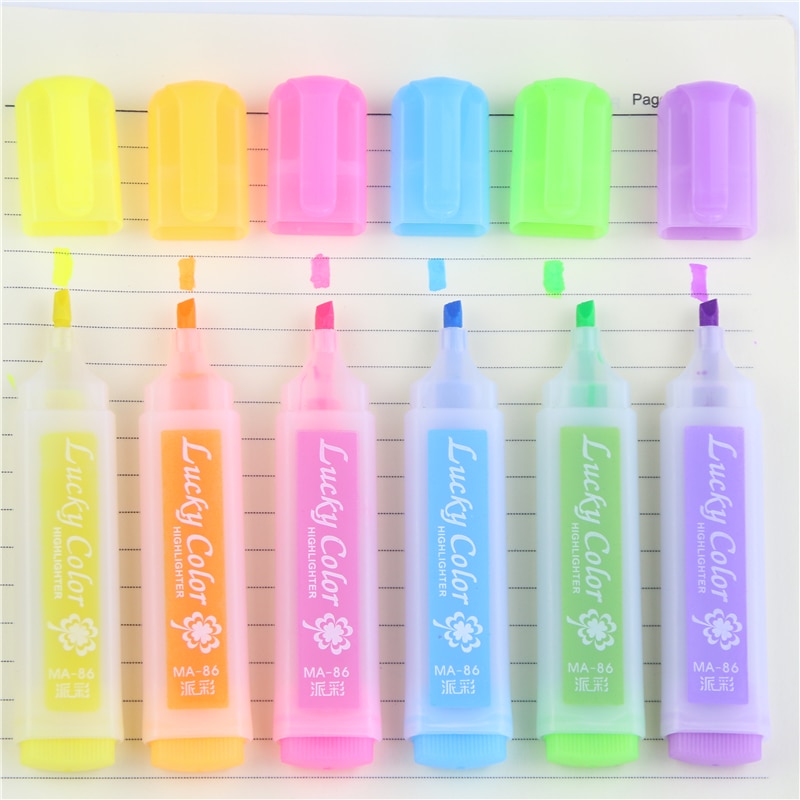 6 Stks/partij, Kawaii Fluorescerende Highlighter Pen Water Kleur Marker Pen Voor Paint Draw Schoolbenodigdheden