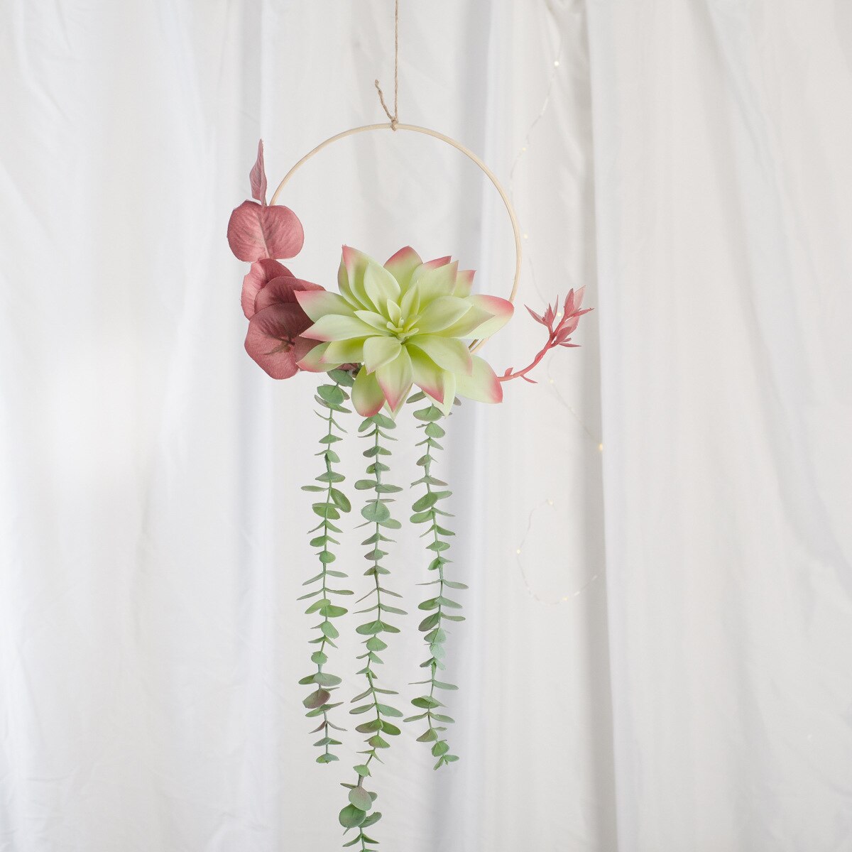 Cilected Artificial Succulent Hanging Plants Decor Wedding Wreath With Drooping Leaves Bamboo Hoop Garland For Wall Decoration: Color2