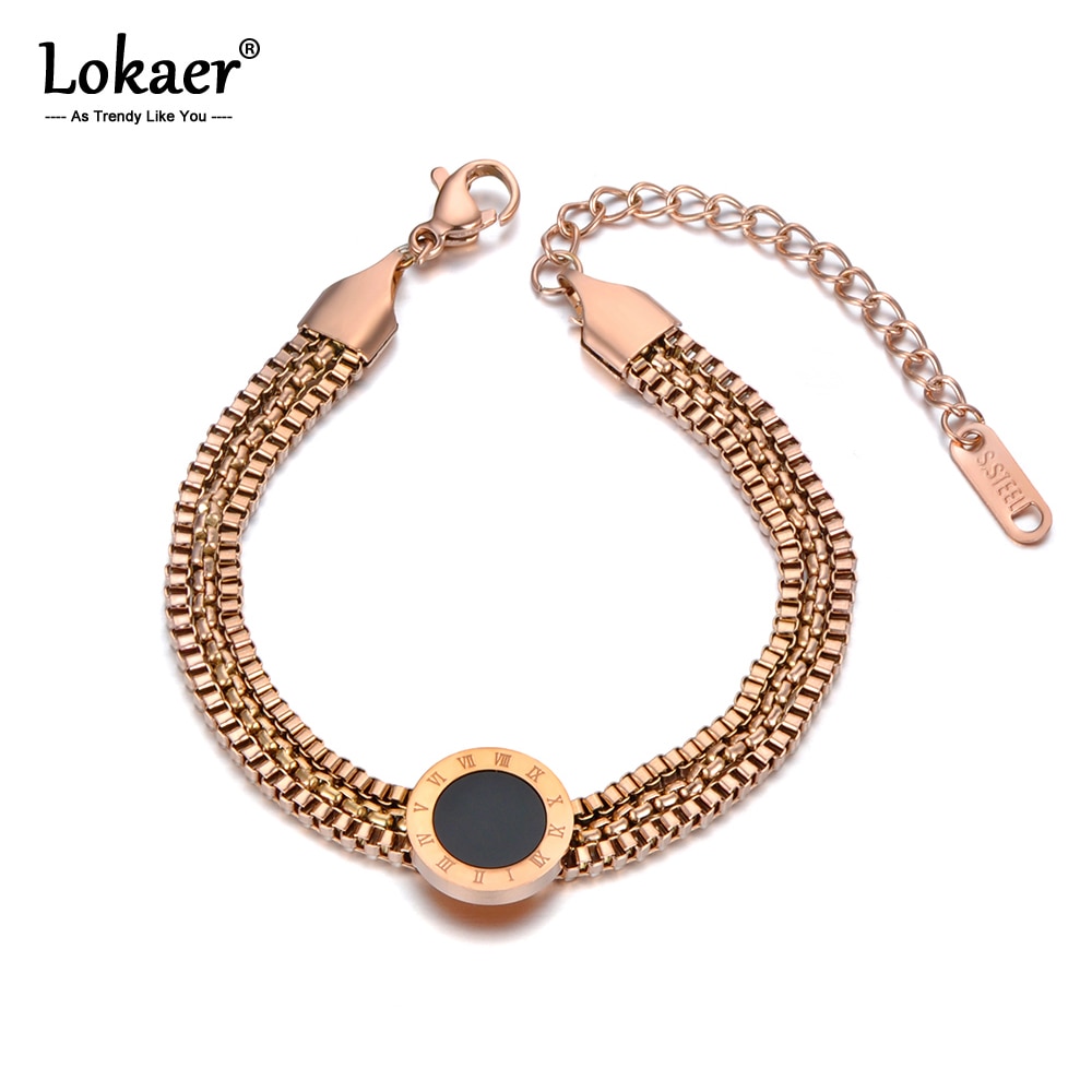 Pulseras Lokaer de tres capas con números romanos para mujer, pulsera de cadena de eslabones de acero inoxidable para de cumpleaños B20014