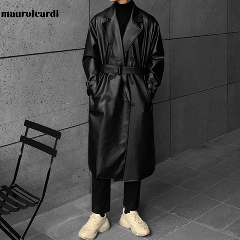 Mauroicardi Spring Long Black Oversized Leather Trench Coat Men 2022 Shoulder Long Sleeve Belt Faux Leather Coats for Men