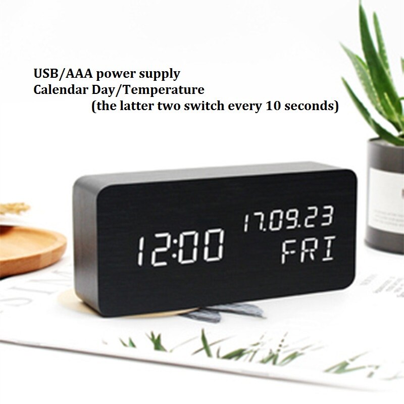 Led Houten Tafel Klok Desktop Vierkante Usb/Aaa Powerd Digitale Display Voice Control Snooze Elektronische Wekker Oogbescherming