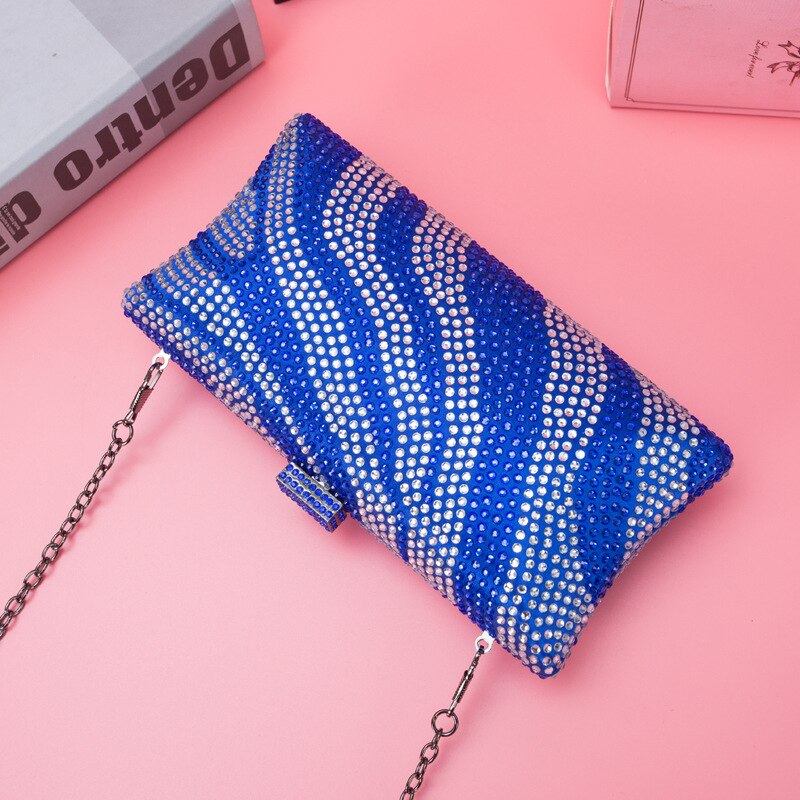 women bling diamond evening bags patchwork wedding banquet wallets chain purse for ladies MN1648: Blue