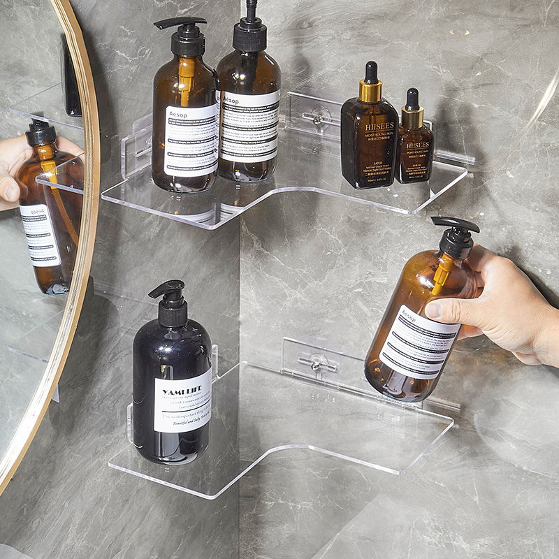 Estantería flotante de esquina de acrílico para baño, estantería protectora para artículos de cosmética, estante de almacenamiento transparente para colgar en la pared de la cocina