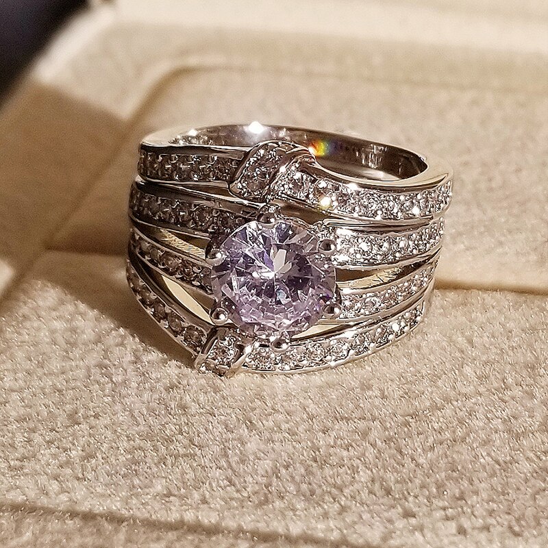 de luxe rond 925 en argent sterling trois pièces bague de mariage ensemble pour les femmes dame anniversaire bijoux R5863