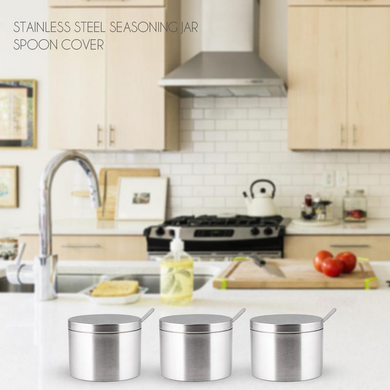 304 Stainless Steel Seasoning Jar Cylindrical Storage Tank Kitchen Tool Spoon Kitchenware Seasoning Box Supplies Dinnerware