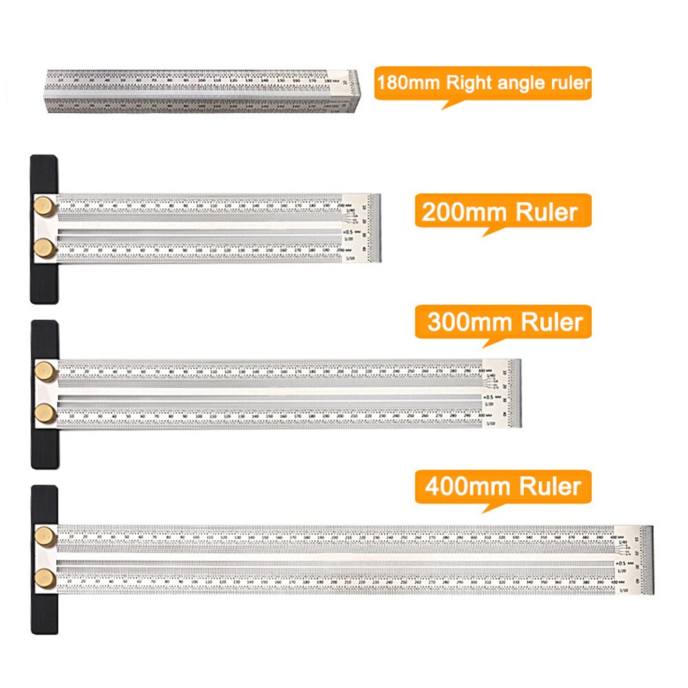 Regla de escala de acero inoxidable 180/200/300/400mm regla de agujero tipo T marcador de carpintería marcador de línea herramienta de medición de carpintero