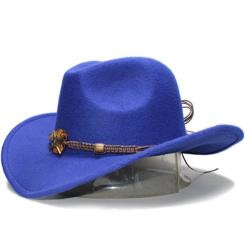 Sombrero de vaquero de ala ancha para hombre y mujer, gorro de lana de estilo Vintage, estilo occidental, Formal, con lazo, banda de cuentas de punto de madera, 61cm, talla grande: Azul