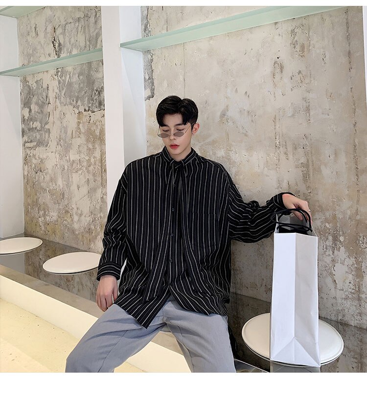 / herenkleding strik kraag gestreept overhemd lente zomer losse lange mouwen grote maten koreaanse tops casual tide 9 y 1721: Zwart / Xl