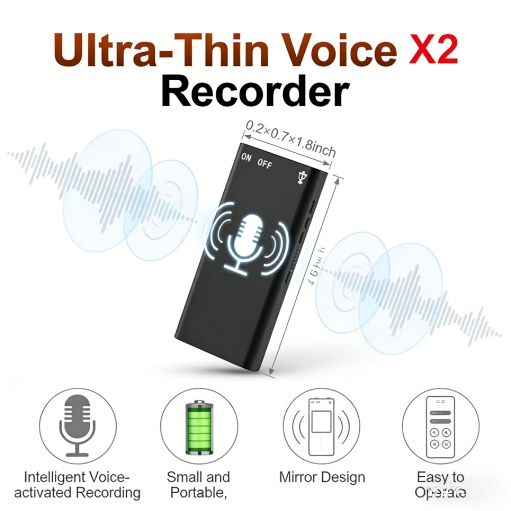 Registratore Vocale Ultra-Sottile 2025 4-32GB Professionale con Attivazione Vocale, Riduzione Rumore HD, Lettore MP3 Portatile, Registratore Audio