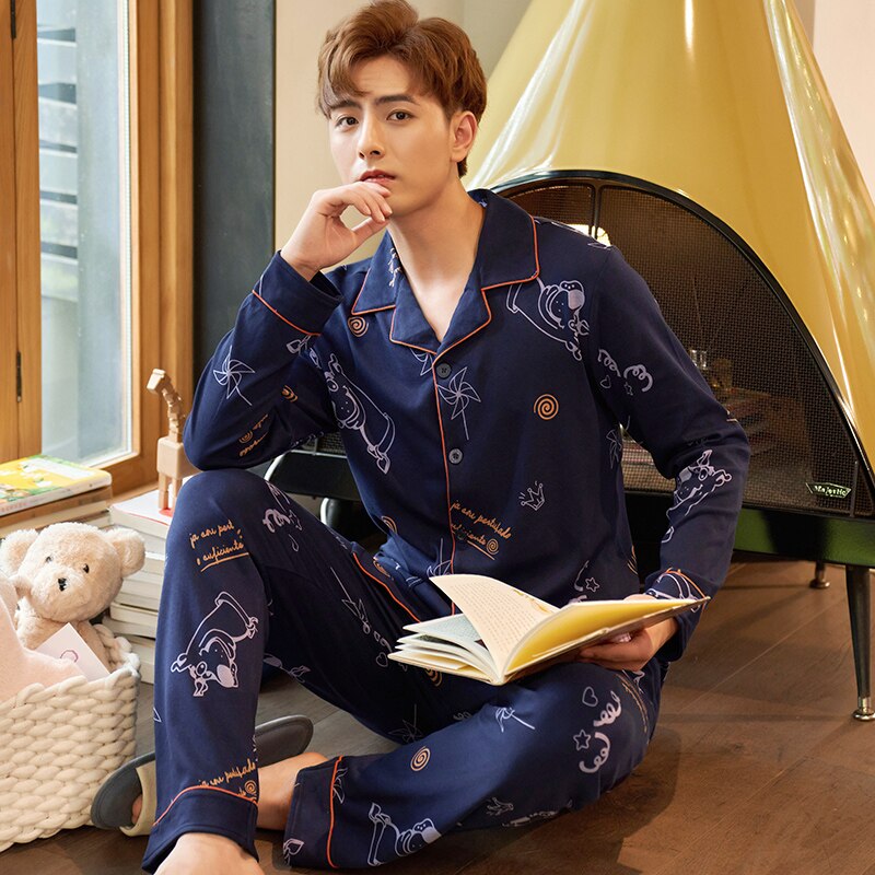 Automne Pyjama hommes ensemble coton printemps Pijama hommes à manches longues solide Pyjama homme Cardigan col rabattu Pyjama mâle L XL XXL XXXL