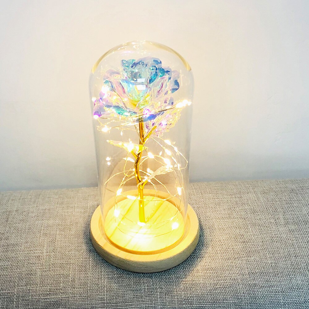 Fødselsdag smuk bevaret rose blomst led lys med glas cover træ base valentinsdag bryllup: Flerfarvet