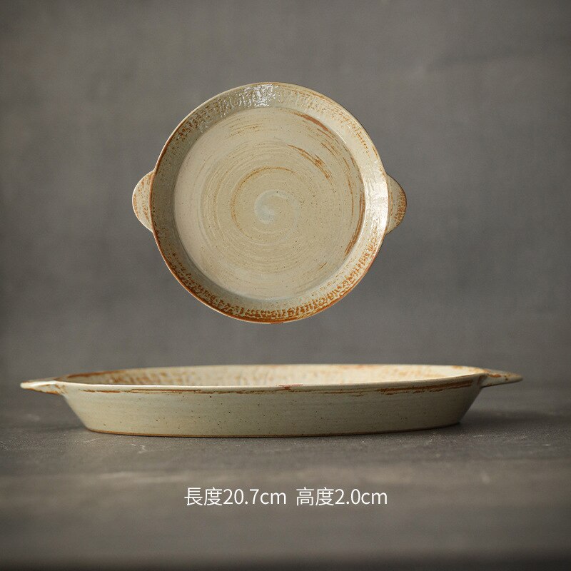 Japanese Retro Ceramic Tableware Rough Pottery Pasta Shallow Plate Binaural Steak Plate Home Salad Cooking Western Plate: B small size