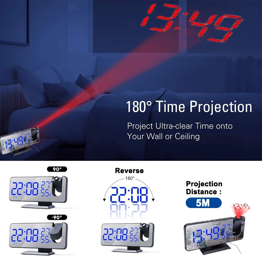 Réveil à projection numérique Fm Radio Réveil Projecteur Led Électronique Bureau Réveil Chiffres avec 180 Temps Projecteur Snooze