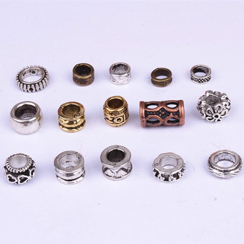 5Pcs Retro Zilver Metaal Haar Vlecht Dread Dreadlock Baard Kralen Ringen Buis Appro 6Mm Binnenste Gat Sieraden Maat 11*9Mm 14 Stijl