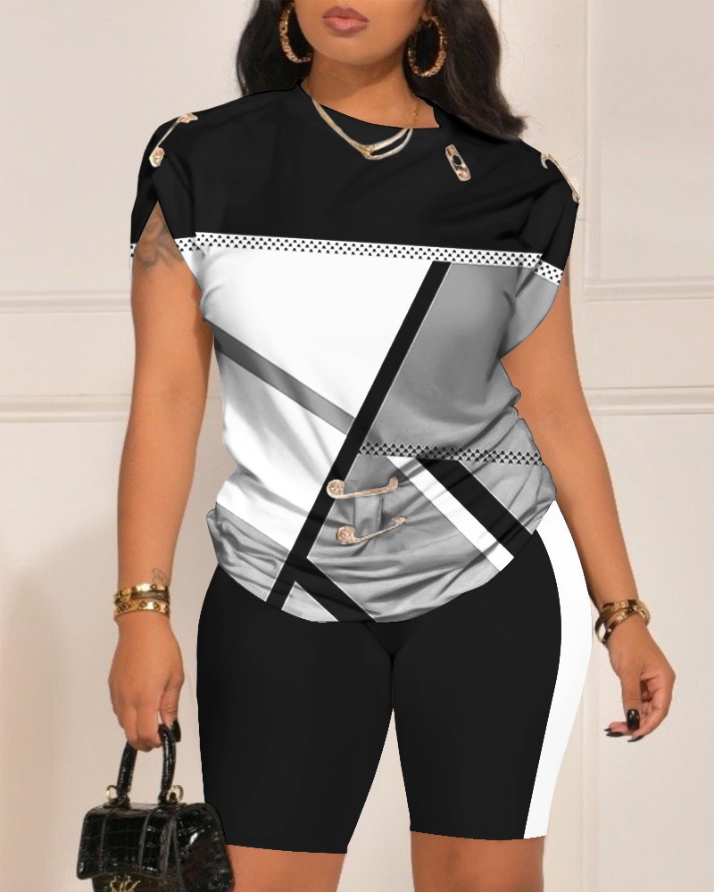 Dames tops, t-shirts en shorts, casual 2- zomercombinatie met t-shirt en short met print, maten s-xxxl: S / Goud