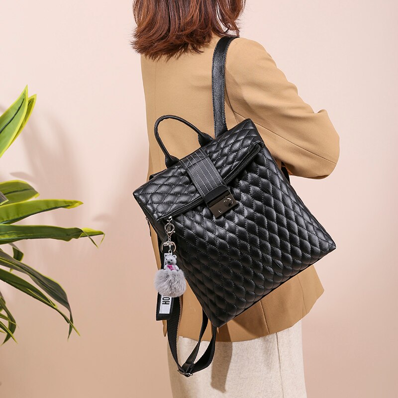 de Casual de las mujeres de viaje acolchado Mochila de cuadros de la escuela bolsa de cuero de la PU Mochila para chicas adolescentes Mochila mujeres Mochila