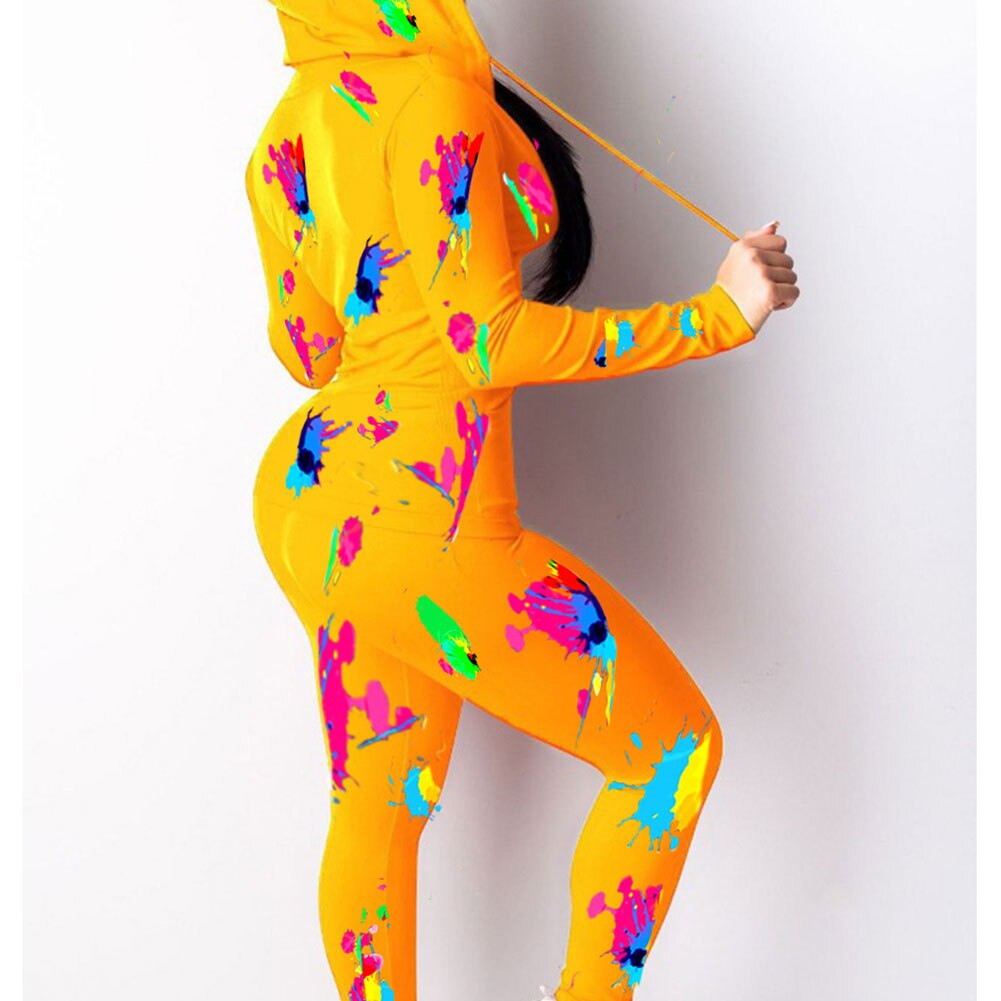2Pcs Vrouwen Herfst Outfit, multicolor Afdrukken Lange Mouwen Rits Open Hoodie + Elastische Taille Broek Pak Voor Dames: YELLOW / XXL