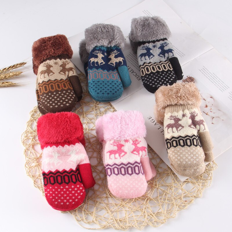 Christmas Toddler Baby Winter Cartoon Deer Velvet Knitted Mittens Gloves Boy Girl Kids Children Outdoor Child Gloves