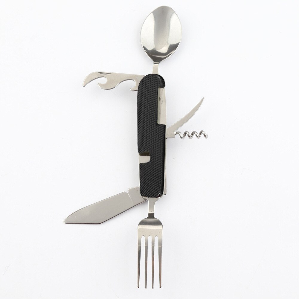 Vajilla utensilios de doble tenedor-cuchara tenedor puede abridor cubiertos cuchara cuchillo portátil cubiertos de campamento, pícnic multi herramienta multitool: Negro