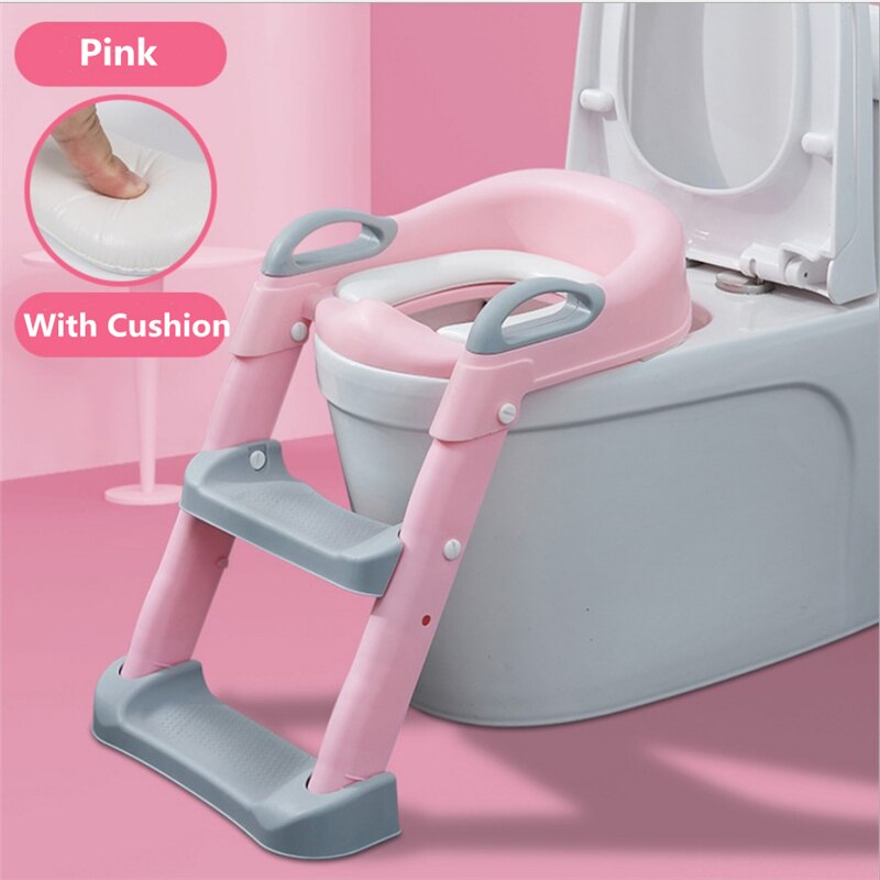 Baby Potty Training Seat Folding Children Pot Infant Baby Potty Seat with Ladder Baby Toilet Training Chair for Baby Boys Girls: Pink with Cushion
