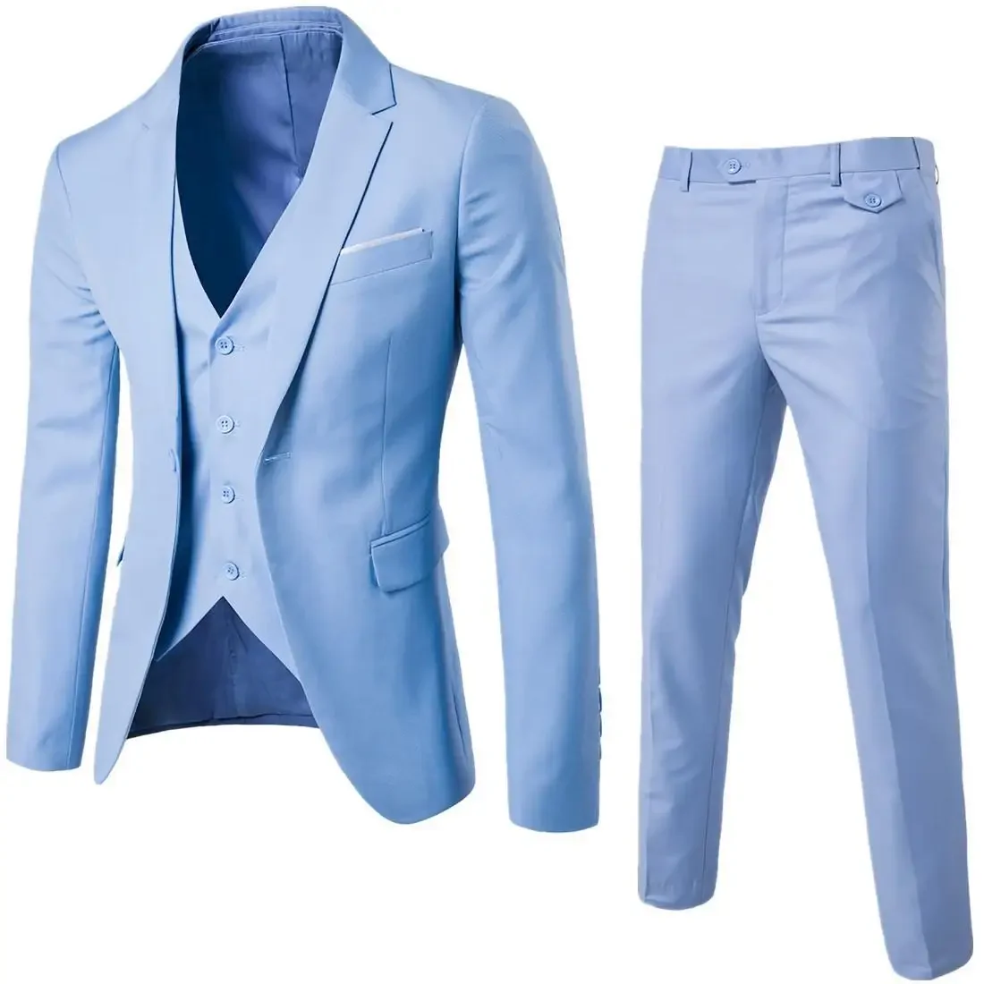Trajes informales de negocios para hombre de cuatro estaciones, tres piezas, chaleco de un solo pecho con cuello en V, chaqueta de traje de un solo botón + pantalones de trajes