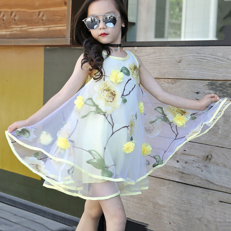Summer Sleeveless Dresses For Baby Girls Flower Princess Vestidos Children's Casual Floral Clothing Toddler Outfits 4-10Y: Yellow / 150