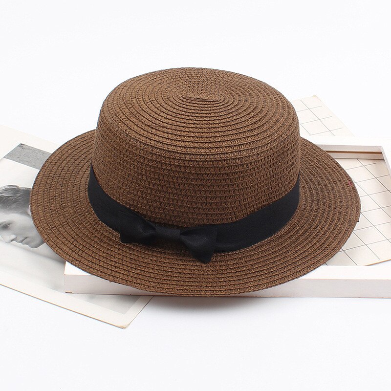 Ladies Summer Solid Top Hat Sun Visor Sun Straw Beach Hat Female Casual Panama Hat Lady Brand Women Flat brim Bowknot Straw cap
