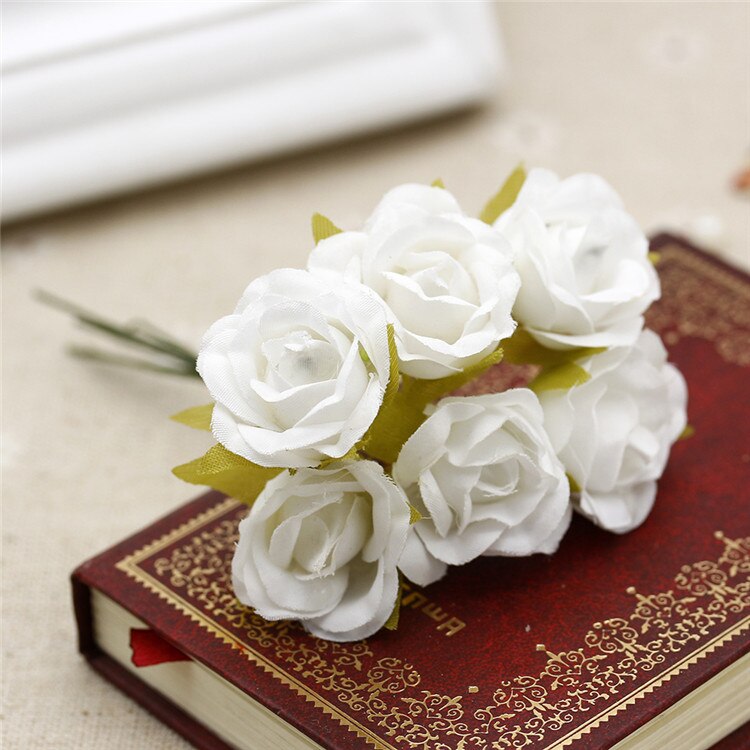 Buquê de flores artificiais 6 peças, mini rosas, para casamento, decoração para casa, para scrapbooking, artesanato faça você mesmo, caixa de doces, decoração de presente: WHITE