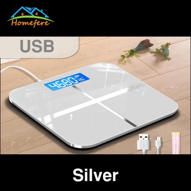 USB Charging Bathroom Scale Glass Smart Household Electronic Digital Weight Balance LCD Display: Silver USB