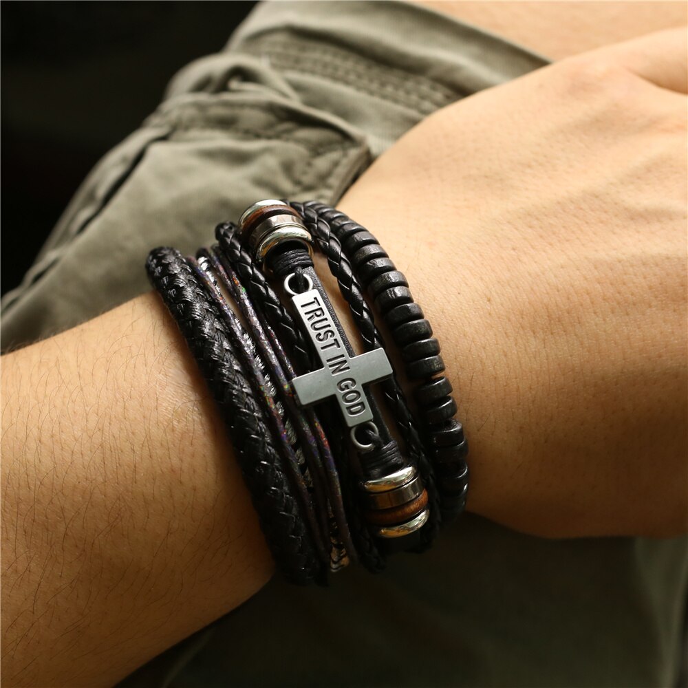 4 Stks/set Lion Cross Gitaar Charme Houten Kralen Mannen Lederen Armbanden Vrouwen Femme Homme Mannelijke Pulseras Sieraden