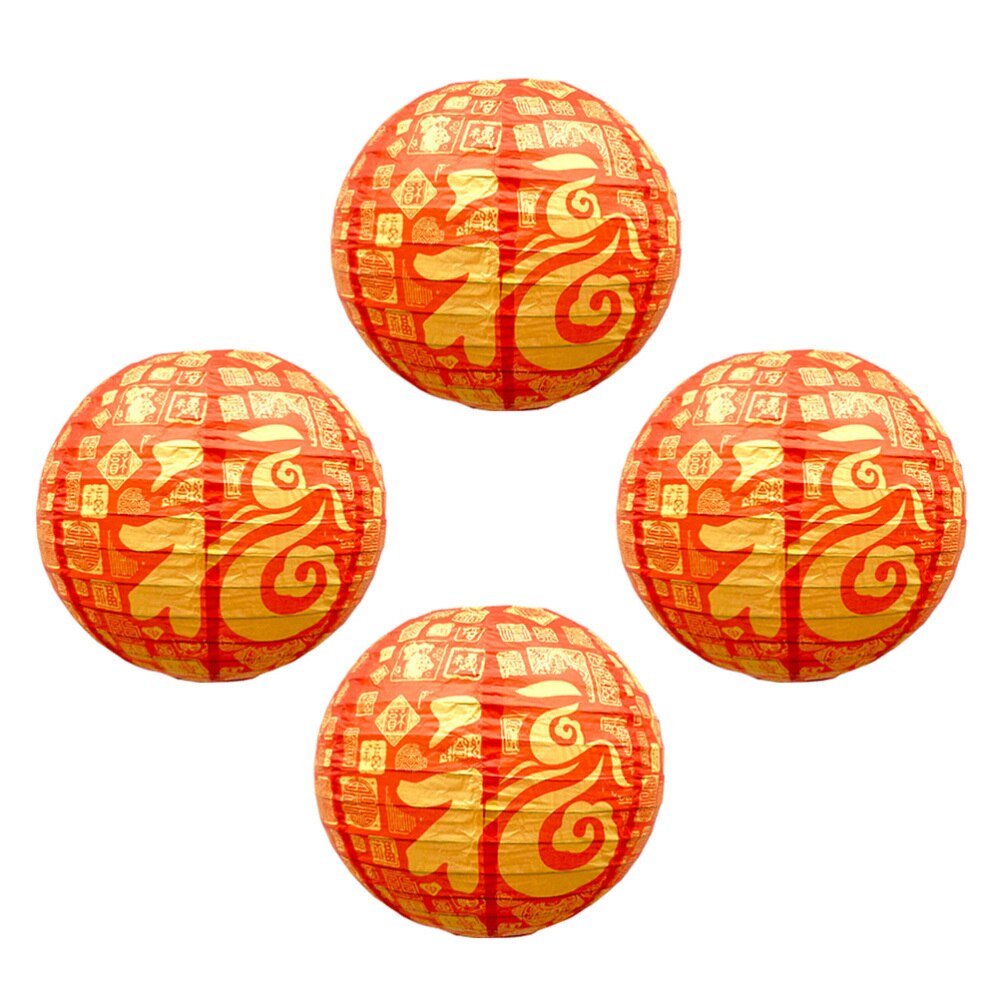4pcs Chinese Year Paper Lanterns Red Celebration Decoration Round Hanging Lantern Party Supplies (Fu Character, 30cm)