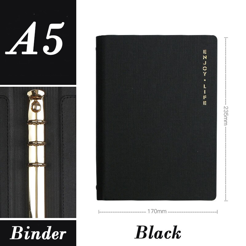 Leather Loose Leaf Binder Spiral office Business affairs High-grade Meeting Notebook 6 Holes Diary planner Agenda Bujo: Black