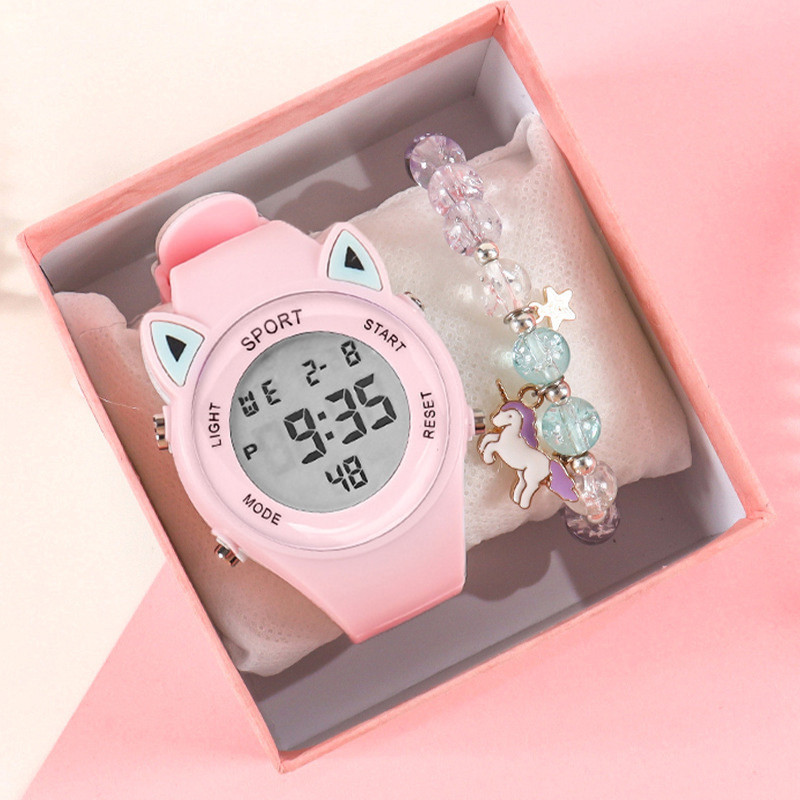 【Reloj + pulsera】Conjunto de pulsera electrónica de unicornio deportivo multifuncional de silicona con oreja de gato para niños: Gris oscuro