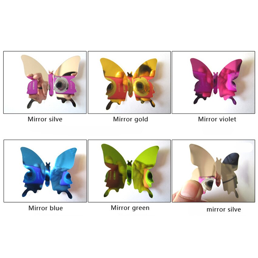 12pcs/set Mirror Silver 3D Butterfly Wall Stickers Party Wedding Decor DIY Home Decorations Butterfly Fridge Decal