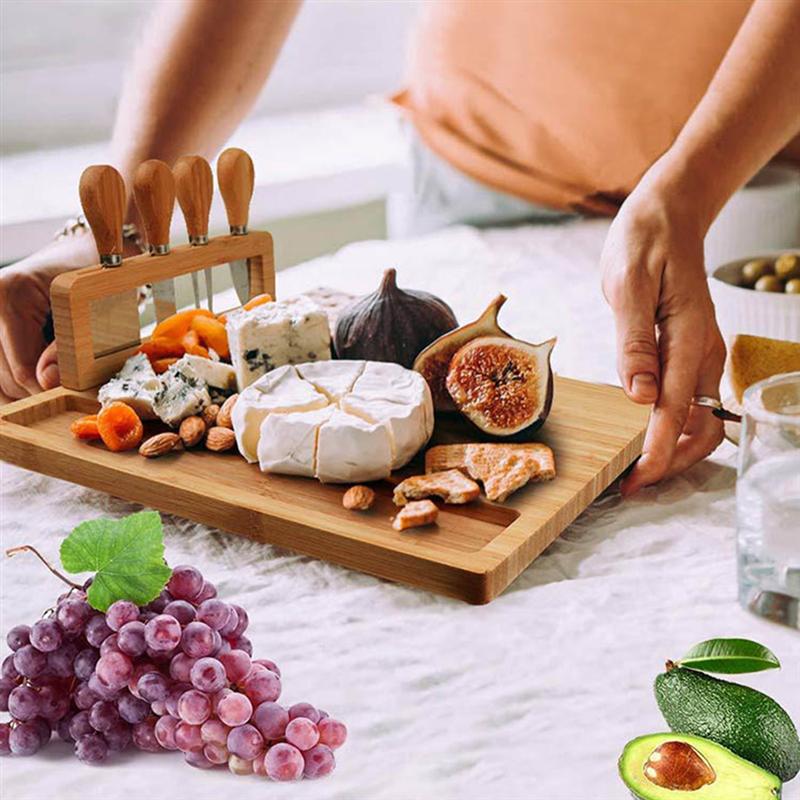 Tabla de bambú para queso, tabla de corte de madera con cuchillos de acero inoxidable, rebanador de queso, cuchara de horquilla, cortador, herramientas de cocina
