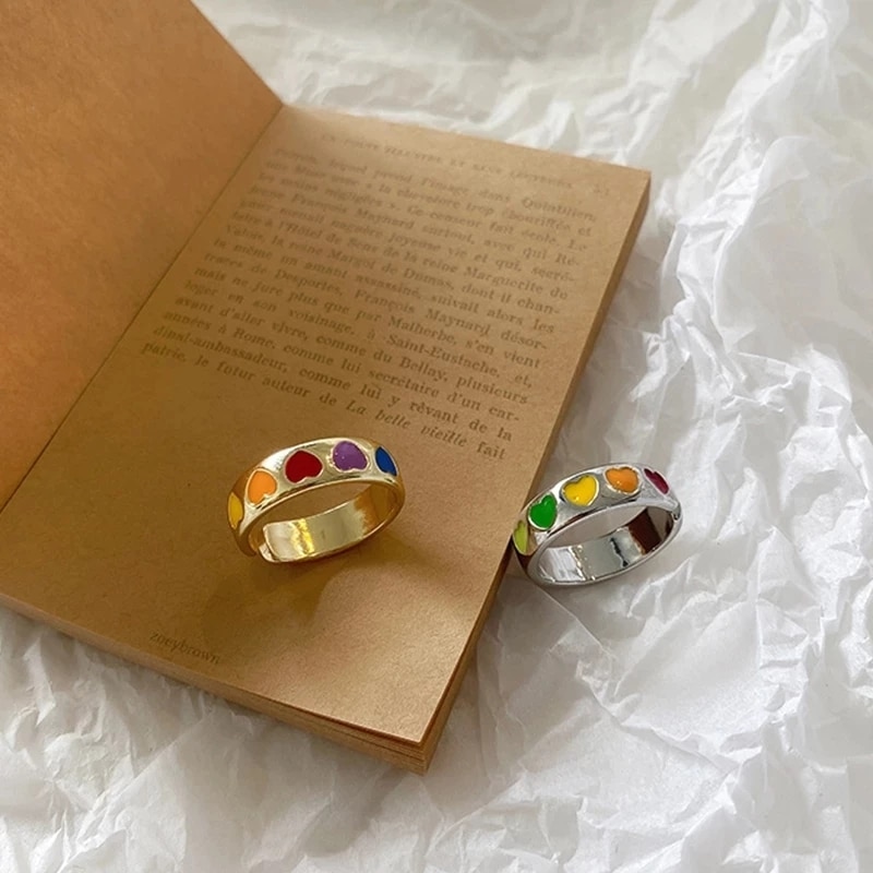 Vintage Bohemen Kleurrijke Enamel Hart Ring Leuke Eenvoudige Metalen Goud Zilver Kleur Ringen Voor Vrouwen Mood Ring