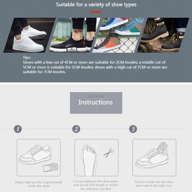 Invisible Height Increase Insoles Unisex Insole Height Lift Adjustable Cut Shoe Heel Insert Taller Support Absorbant Foot Pad
