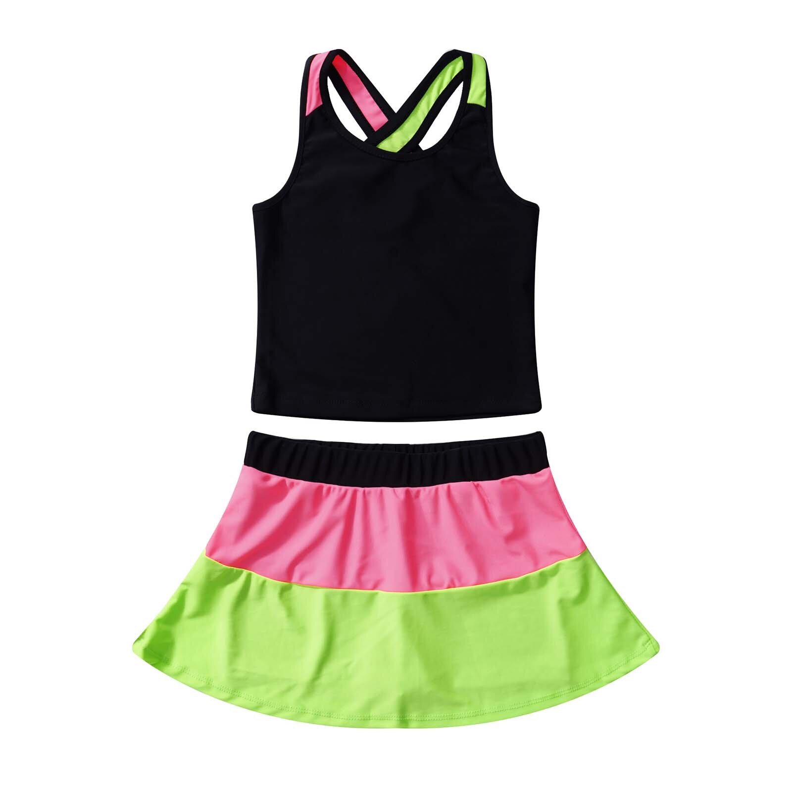 Kids Girls Summer Suit Sportswear 2 Piece Sport Vest and Skirt with Shorts Badminton Tennis Set Gymnastics Workout Sport Outfits: Black / 14