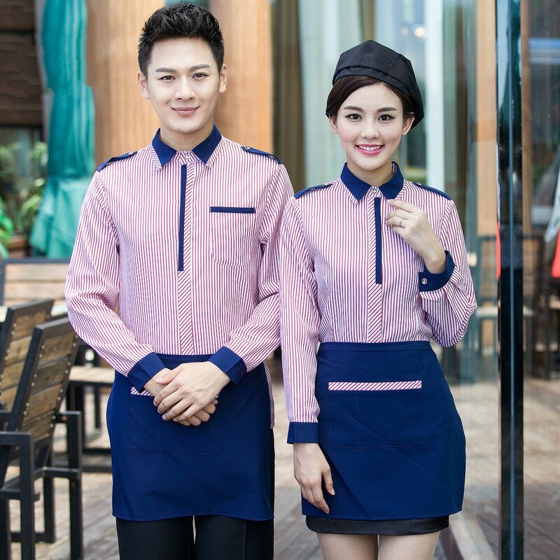 Work Wear Long Sleeved Autumn Winter Waiter Uniforms for Women and Men 2 Pcs Top / Apron