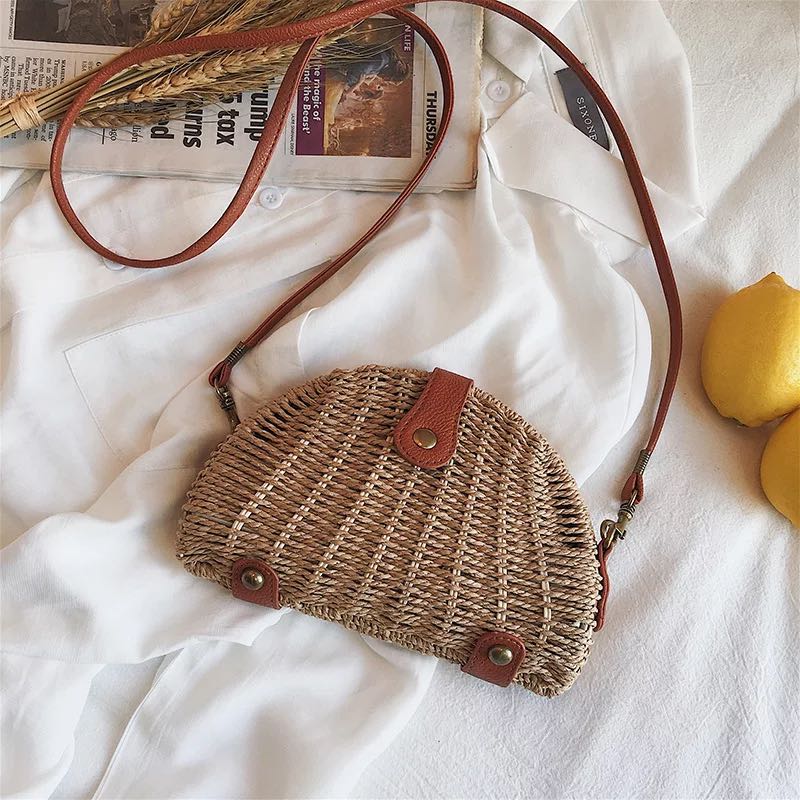 Casual Shell Rotan Crossbody Tas Voor Vrouwen Vintage Rieten Geweven Schoudertas Zomer Strand Stro Tas Dame Kleine Bali Portemonnees