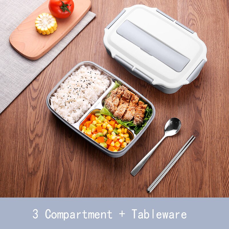 Stainless Steel Thermal Lunch Box Containers with Compartments Leakproof Bento Box Food Container Picnic Office School Lunchbox: 3 Grid Blue