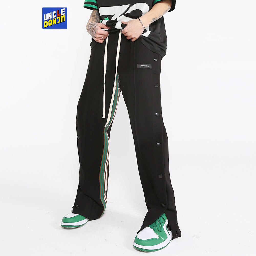 UNCLEDONJM patchwork side striped casual pants men side button slit trousers skateboard sweatpants hip hop pants