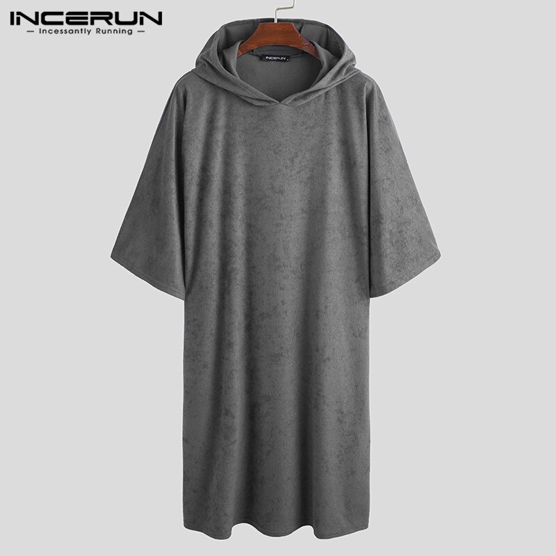 Men Bathrobes Solid Hooded Half Sleeve Leisure Towel Robes Comfortable Homewear Mens Nightgown Bathrobes Poncho INCERUN S-5XL