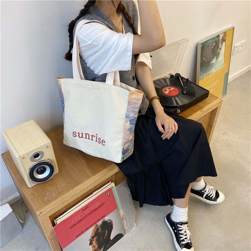 Große damen-einkaufstasche aus canvas, umweltfreundlich und wiederverwendbar, aus baumwollstoff, tragetasche, schultertasche für damen, lässige einkaufstasche, strandtasche