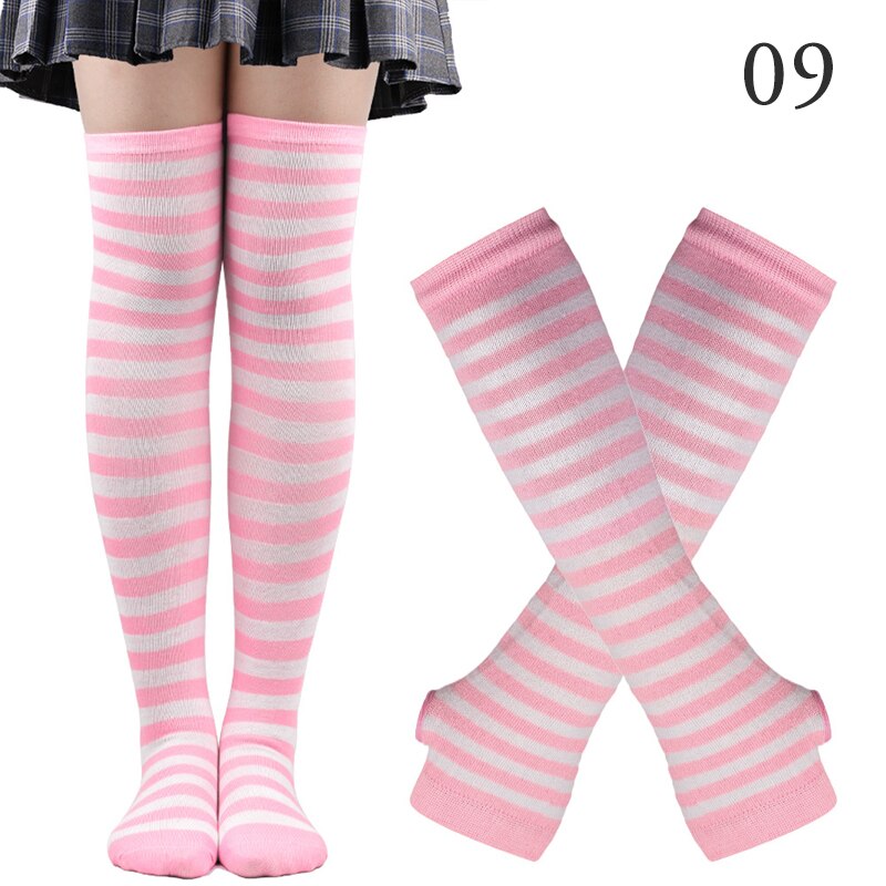 1 Set Vrouwen Meisjes Over De Knie Lange Streep Gedrukt Overknee Katoenen Sokken Arm Mouw Handschoenen Zoete Leuke Plus Size overknee Sokken: 09